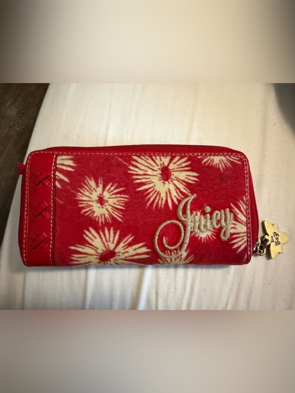 Vintage Y2K Juicy Couture Red Floral Zip-Around Wallet with Script Logo